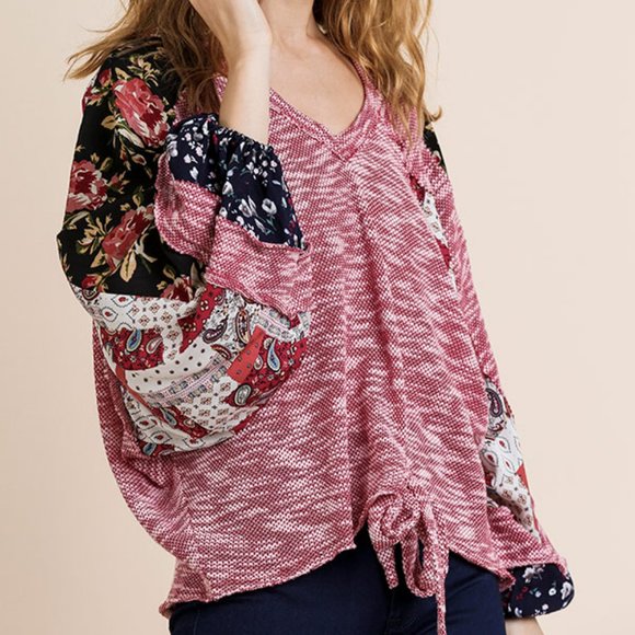 Umgee Top Size S M L Floral Long Puff Sleeve Knit V-Neck - Picture 3 of 6
